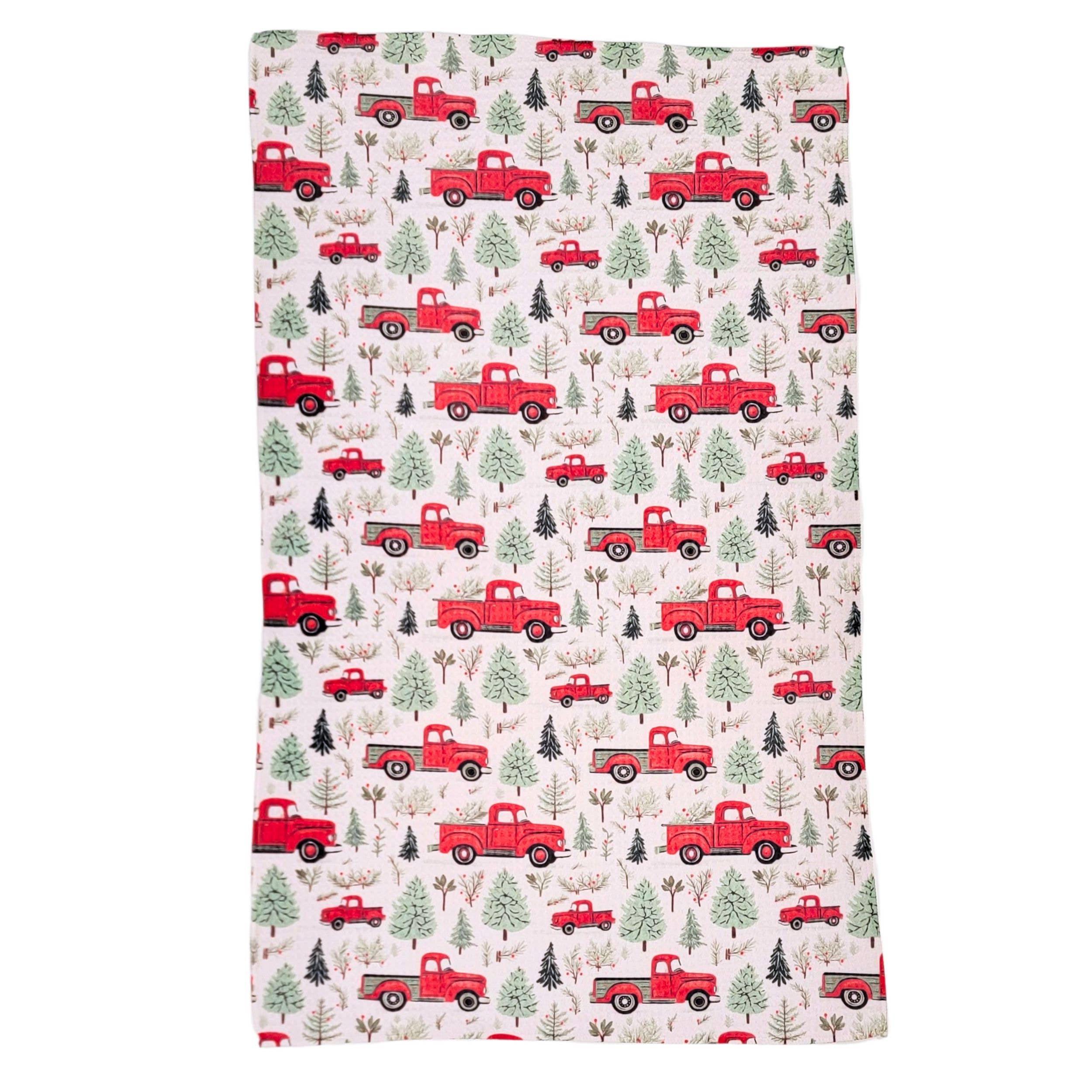 Red Christmas Truck With Tree Waffle Kitchen Tea Towels