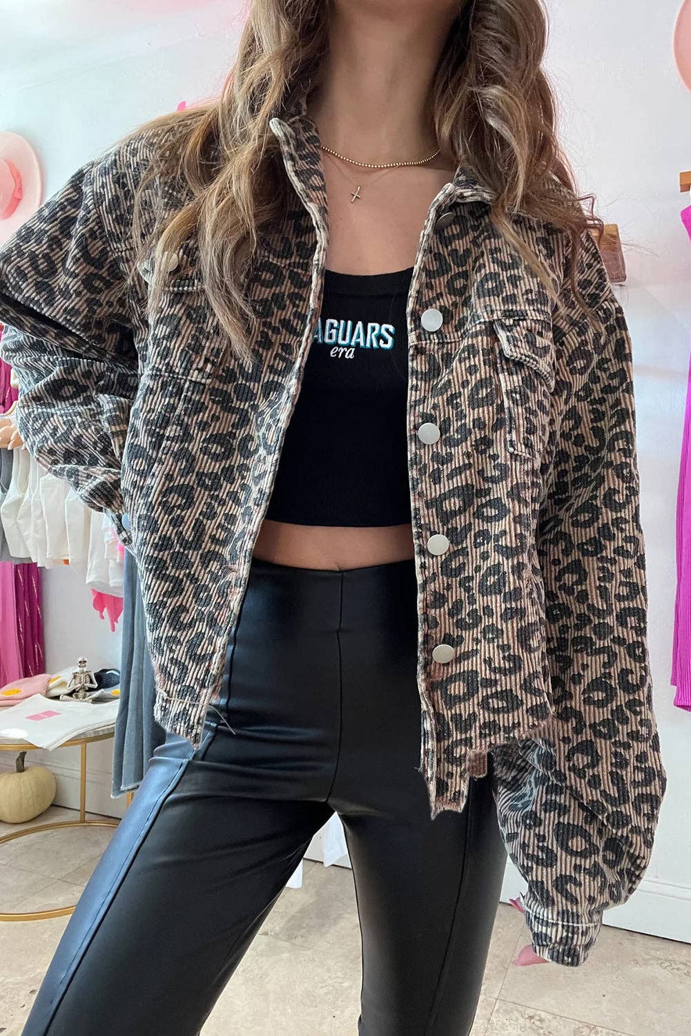 Leopard Corduroy Irregular Hem Jacket