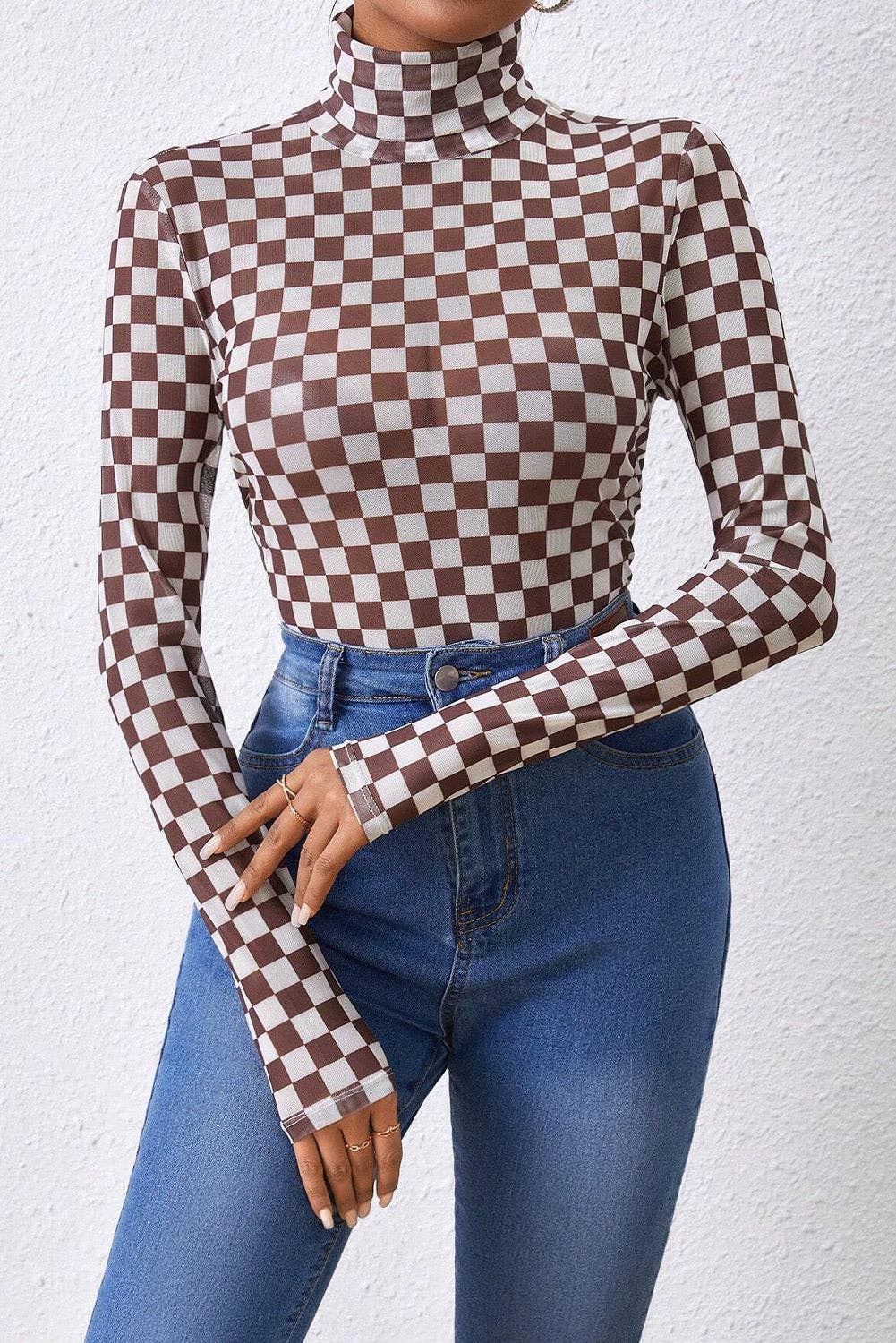 Checker Long Sleeve Turtleneck Bodysuit