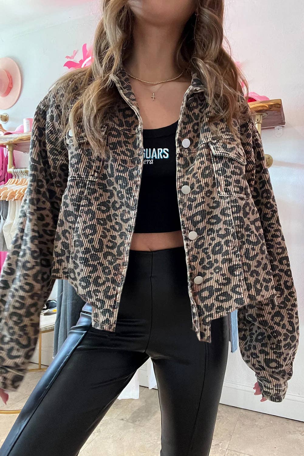 Leopard Corduroy Irregular Hem Jacket