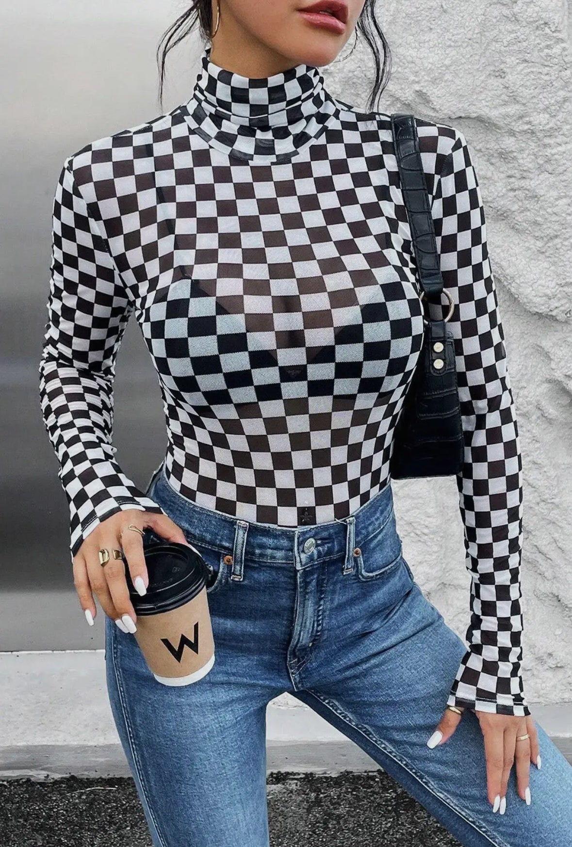 Checker Long Sleeve Turtleneck Bodysuit