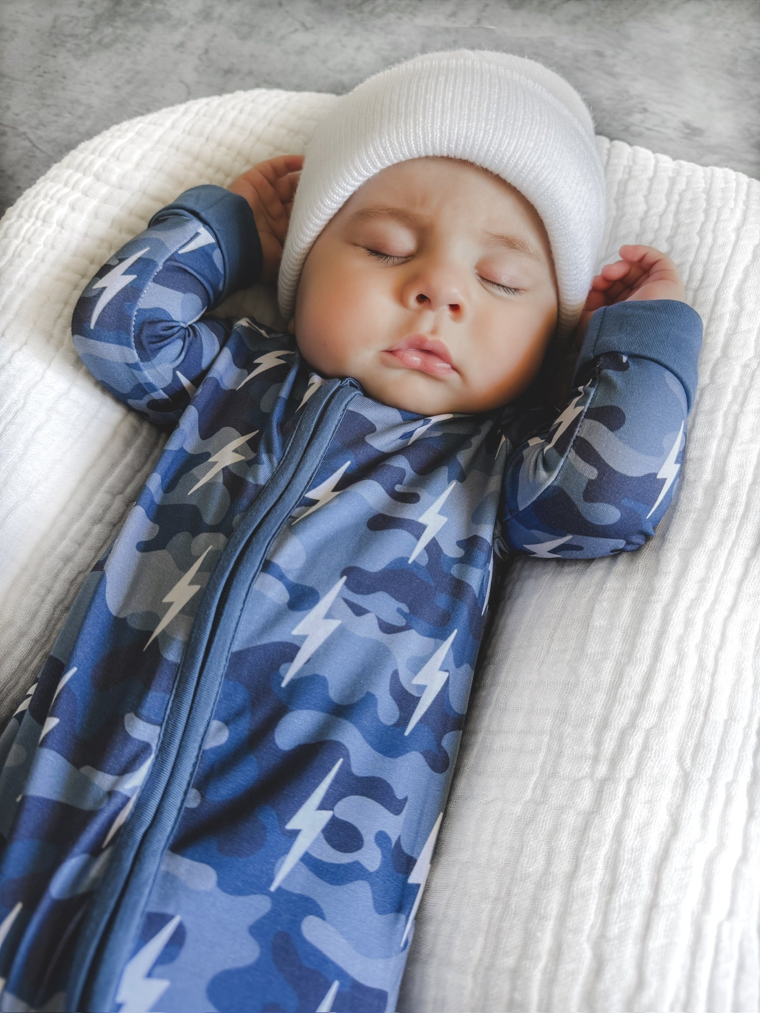 Bamboo Zip Romper | Blue Camo Bolts