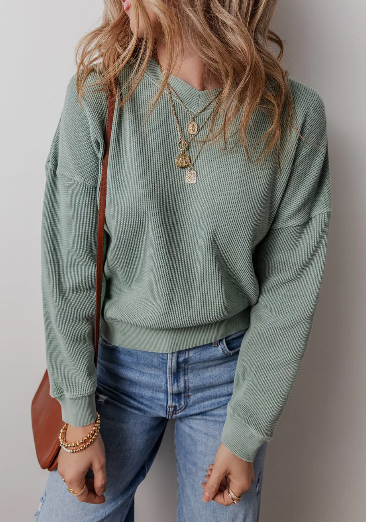 Waffle-Knit Long Sleeve Dropped Shoulder Top