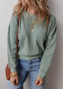Waffle-Knit Long Sleeve Dropped Shoulder Top