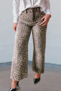 Leopard Frayed Wide Leg Jeans
