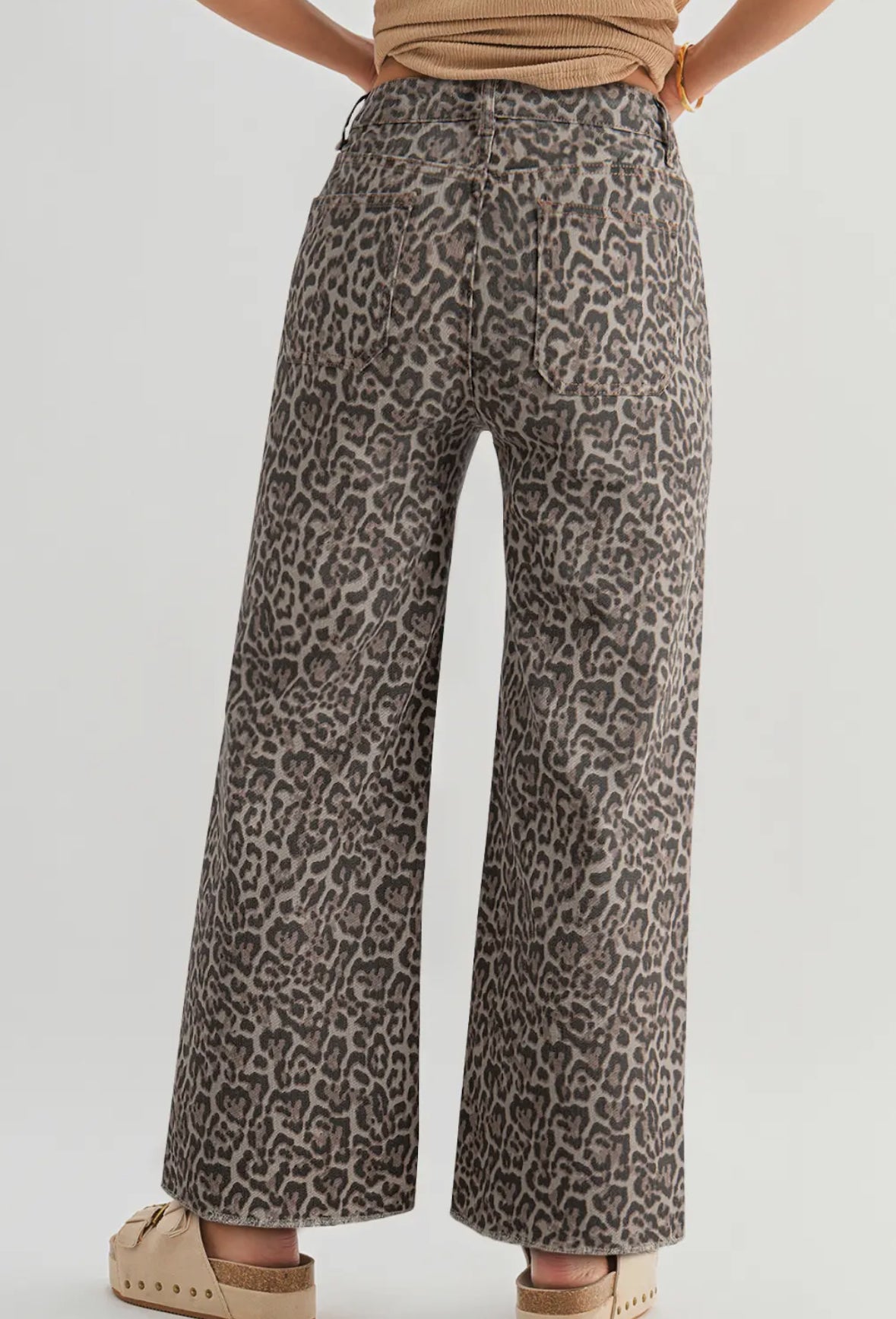 Leopard Frayed Wide Leg Jeans