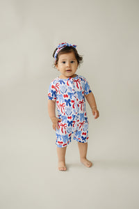 Bamboo Shorty Romper  | Red-White & Bows