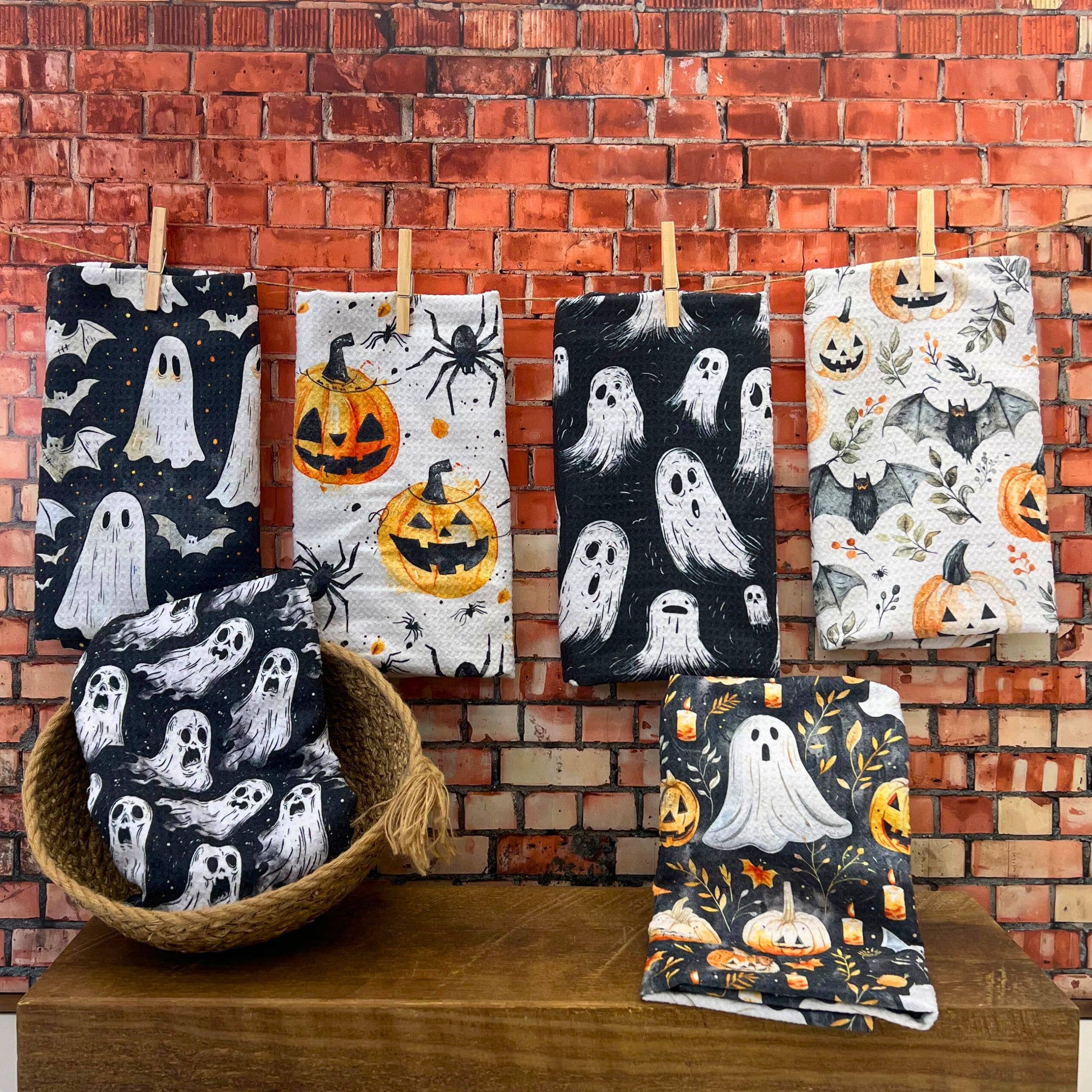 Halloween Ghost and Bat Waffle Tea Towel